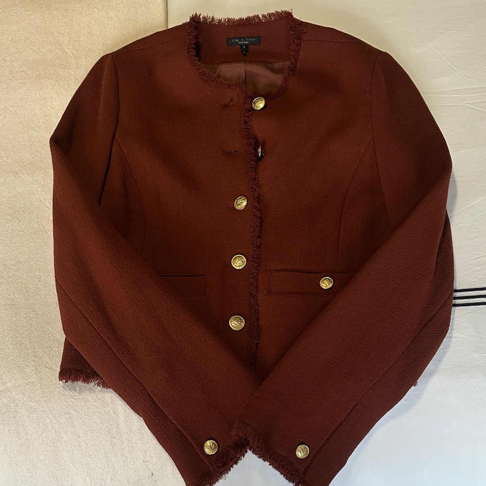 rag & bone Rust Fringe-Trim Tailored Jacket with Gold Buttons